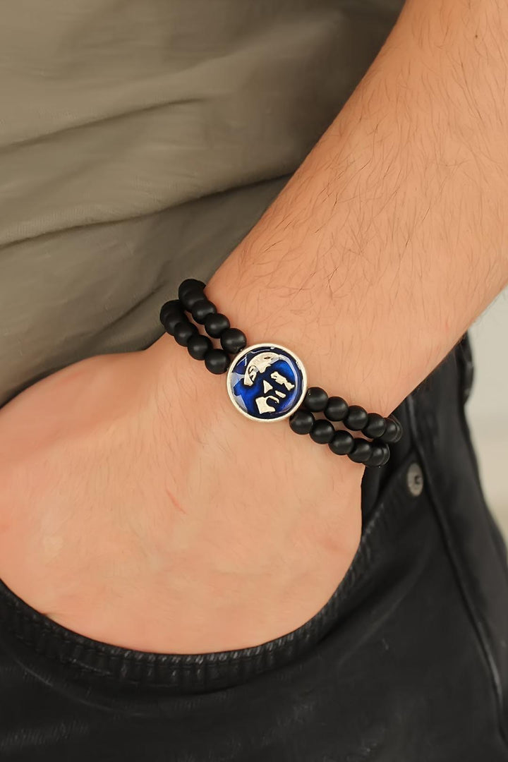 EBJ Black Onyx Natural Stone Men's Bracelet with Atatürk Portrait Figure Blue Metal Accessories - Kassel