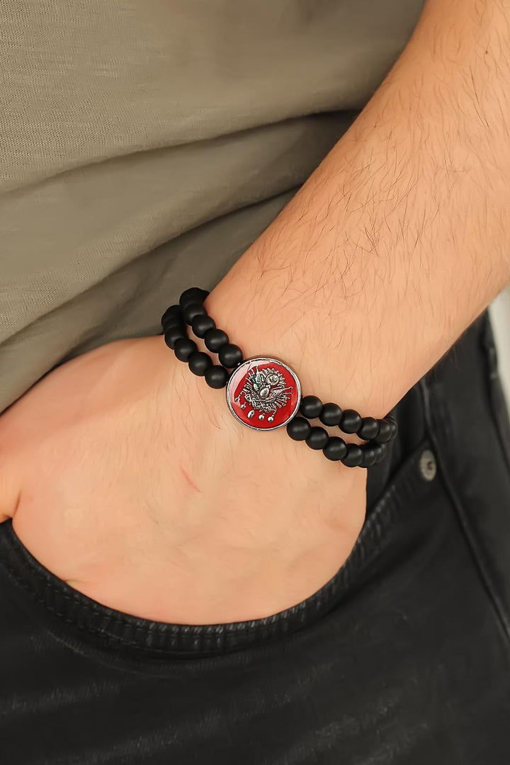 EBJ Black Onyx Natural Stone Men's Bracelet with Ottoman Signature Red Metal Accents - DeKalb