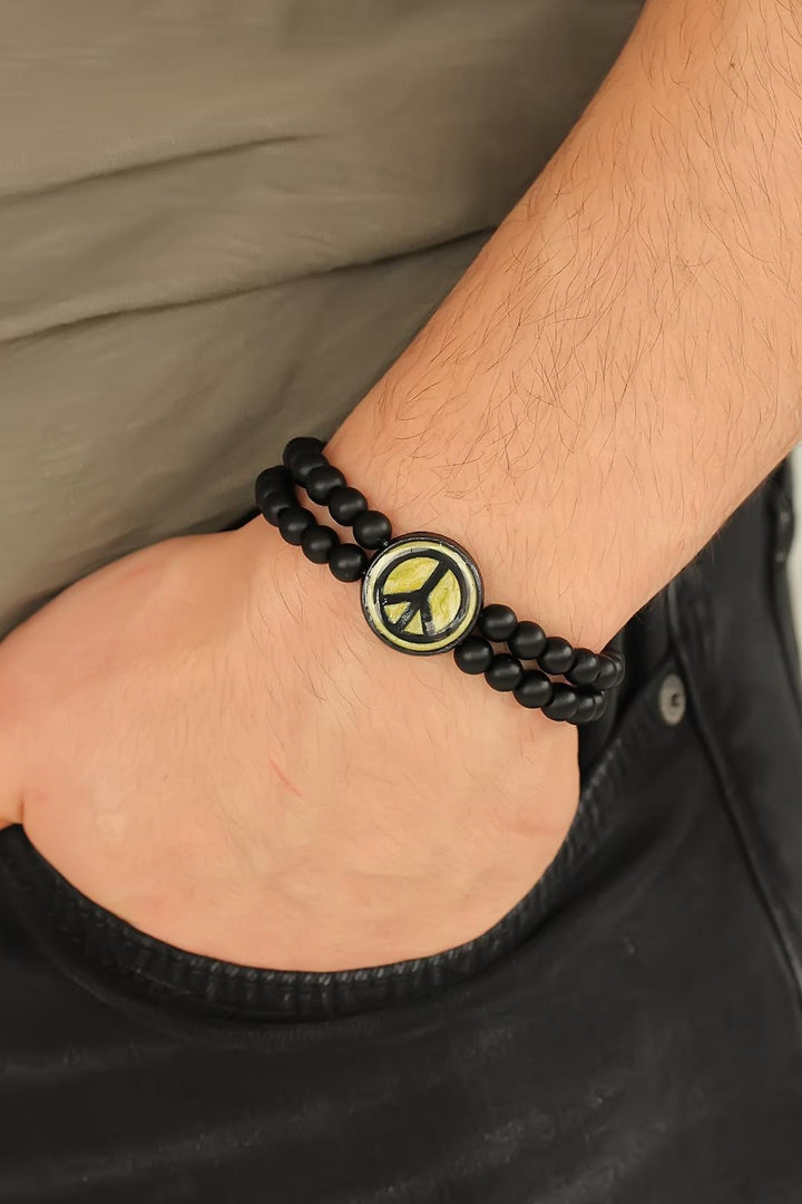 EBJ Peace Symbol Black Metal Accented Black Onyx Natural Stone Men's Bracelet - Dundee