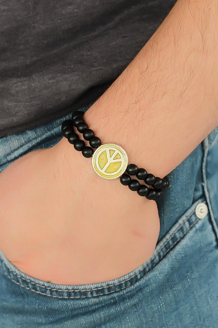 EBJ Black Color Matte Onyx Natural Stone Men's Bracelet with Yellow Metal Peace Symbol Design - College Station