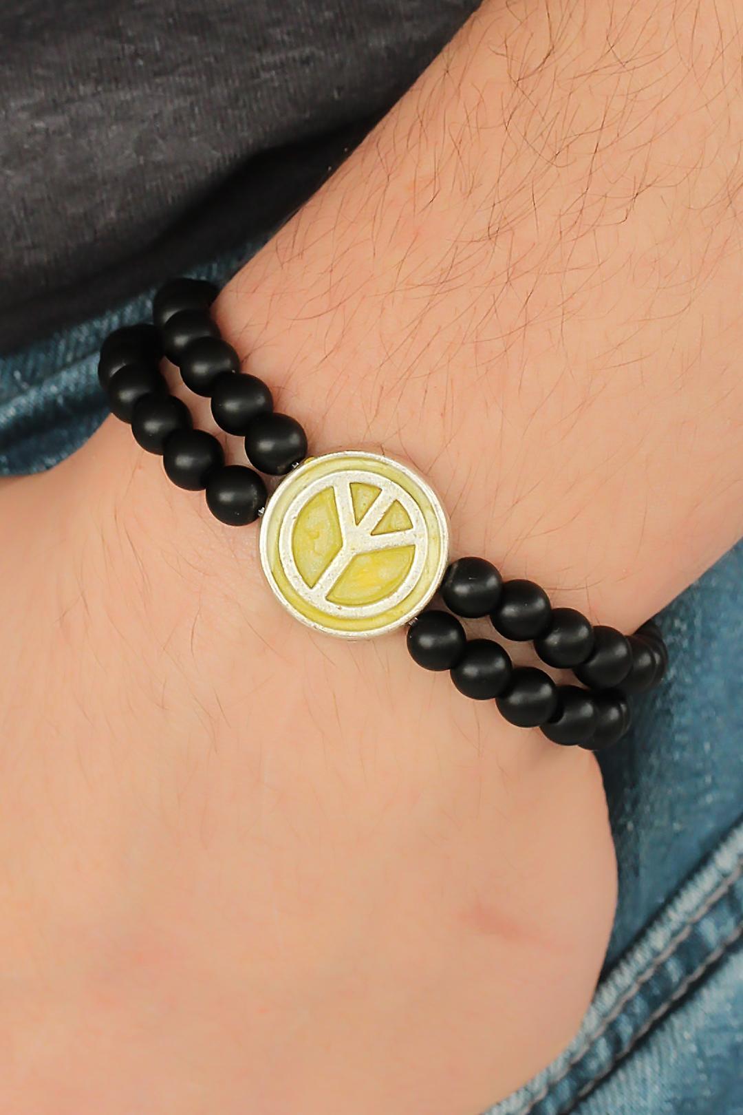 EBJ Black Color Matte Onyx Natural Stone Men's Bracelet with Yellow Metal Peace Symbol Design - College Station