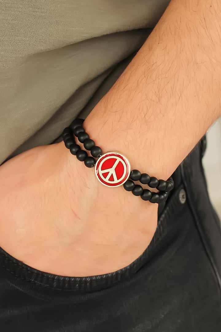 EBJ Black Color Matte Onyx Natural Stone Men's Bracelet with Metal Peace Symbol Design in Bordeaux Color - Milpitas