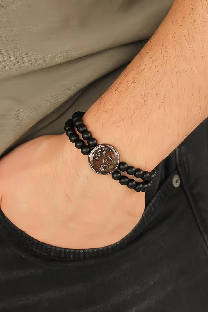 EBJ Brown Smoke Color Metal Atatürk Portrait Designed Black Color Matte Onyx Natural Stone Men's Bracelet - Târgovişte