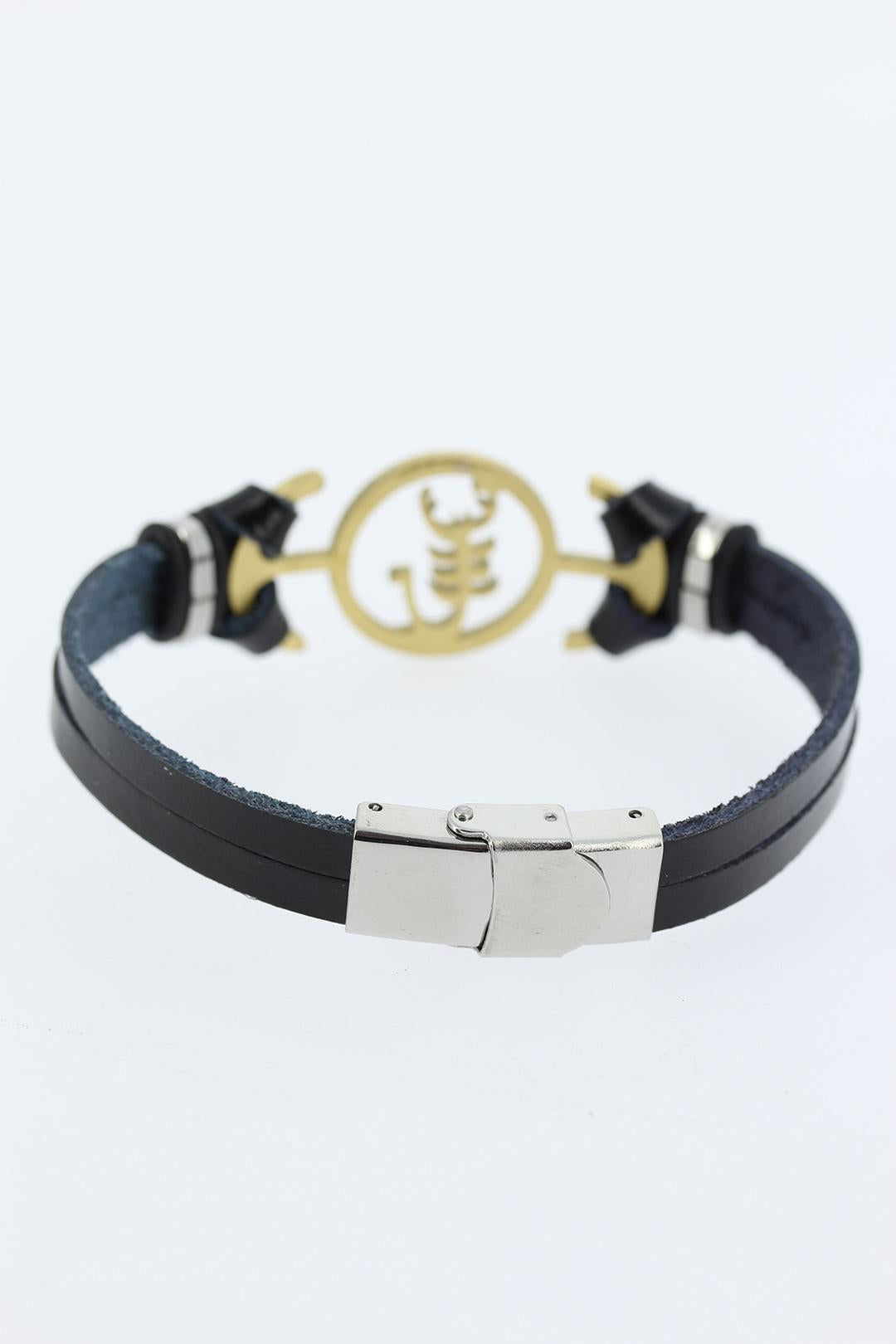 EBJ Black Leather Men's Bracelet with Steel Scorpion Figure and Gold Metal Accents - Conegliano