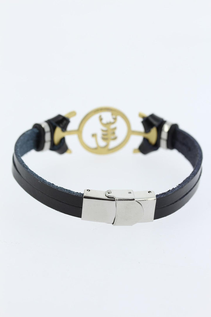 EBJ Black Leather Men's Bracelet with Steel Scorpion Figure and Gold Metal Accents - Conegliano