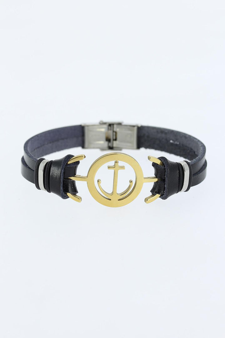 EBJ Black Leather Men's Bracelet with Gold Color Anchor Figure Metal Accessory - Elmont
