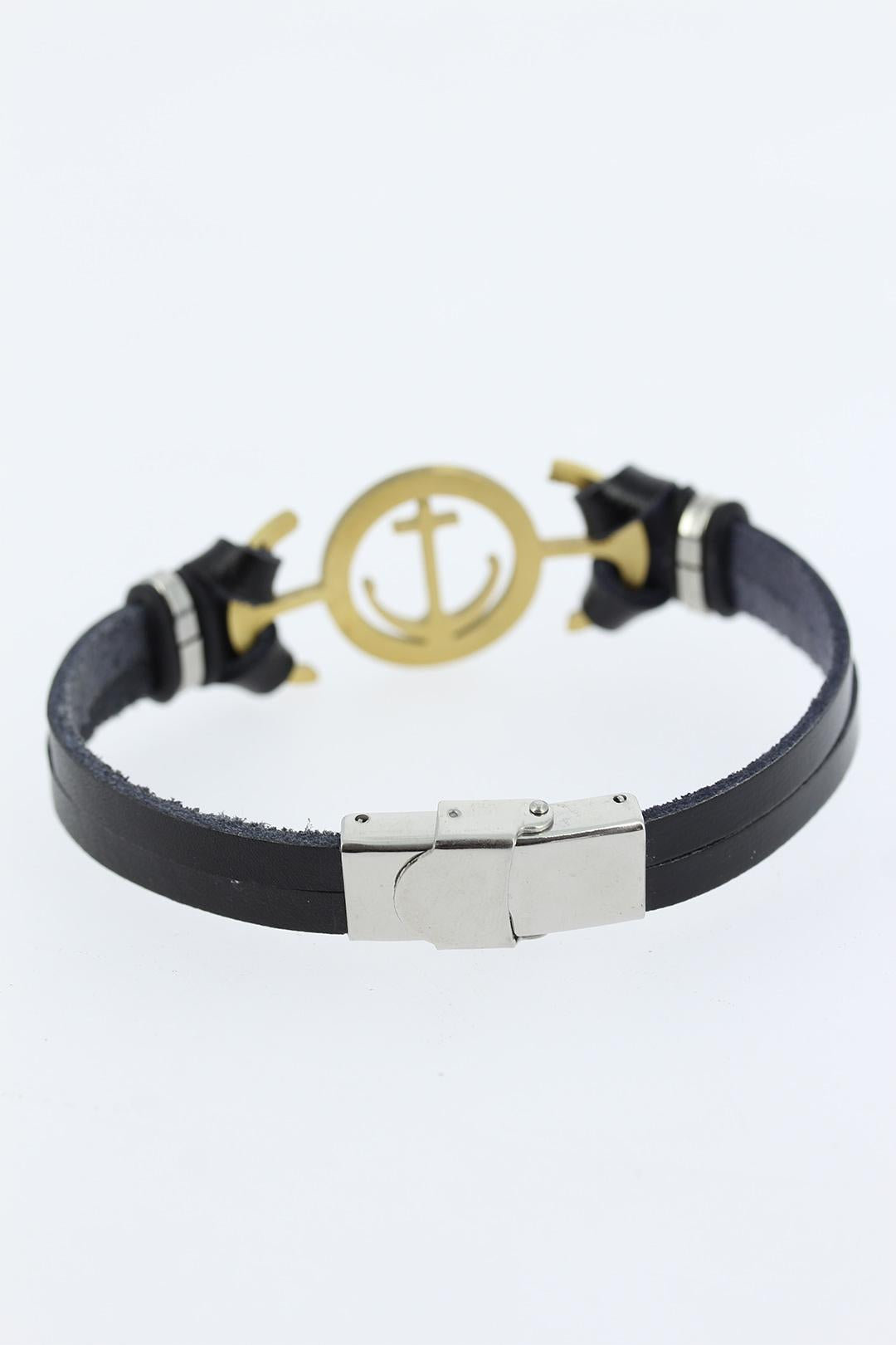 EBJ Black Leather Men's Bracelet with Gold Color Anchor Figure Metal Accessory - Elmont