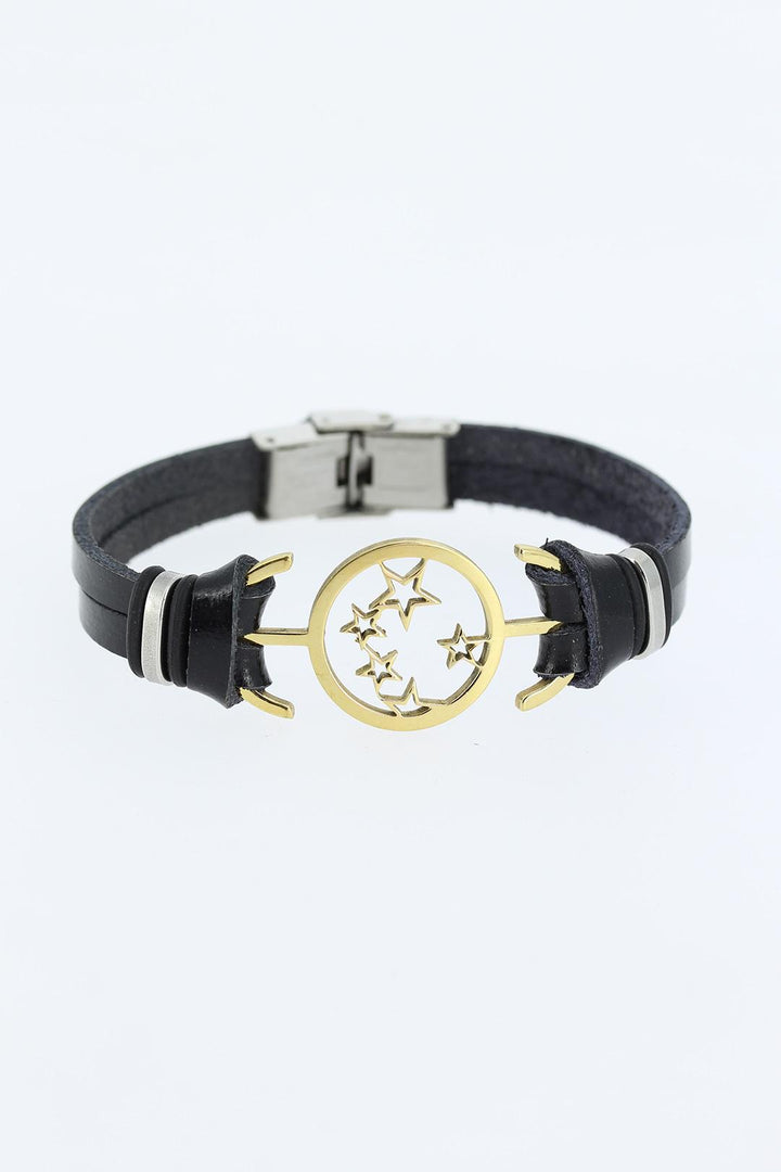 EBJ Black Leather Men's Bracelet with Gold Color Star Shaped Metal Accessory - Versailles