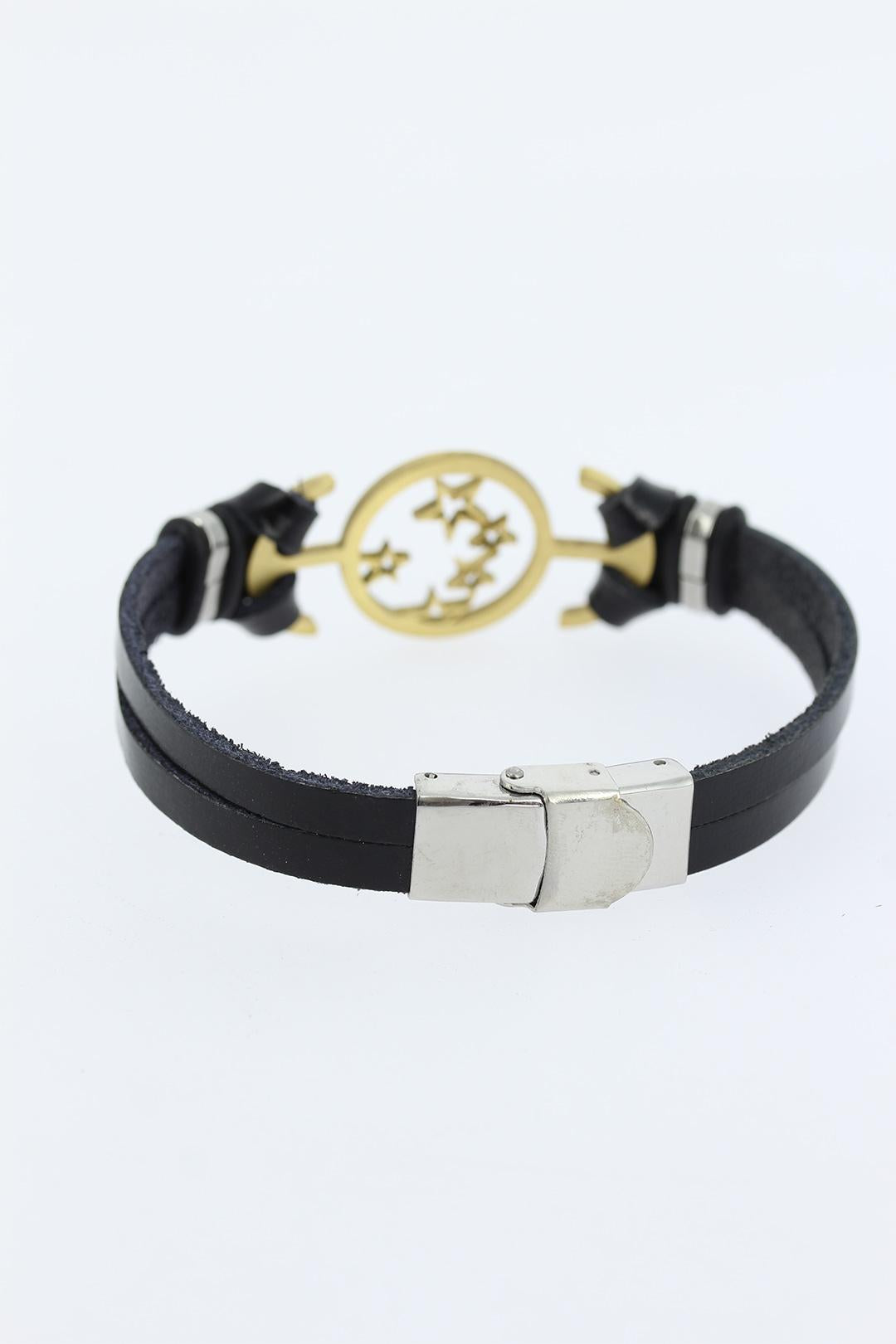 EBJ Black Leather Men's Bracelet with Gold Color Star Shaped Metal Accessory - Versailles