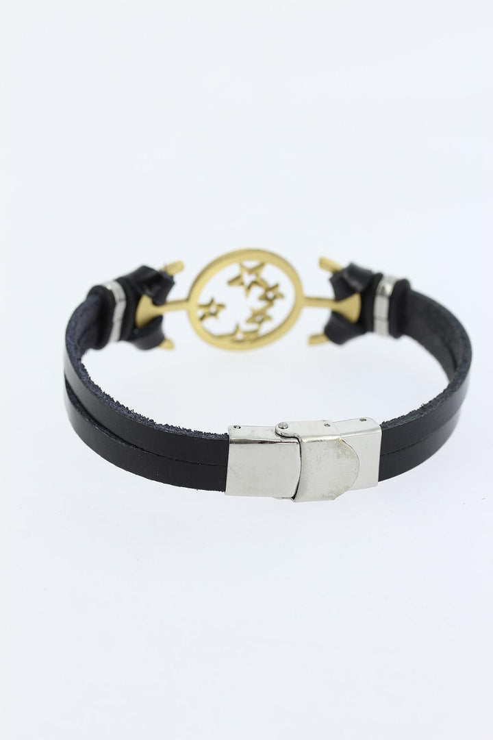 EBJ Black Leather Men's Bracelet with Gold Color Star Shaped Metal Accessory - Versailles