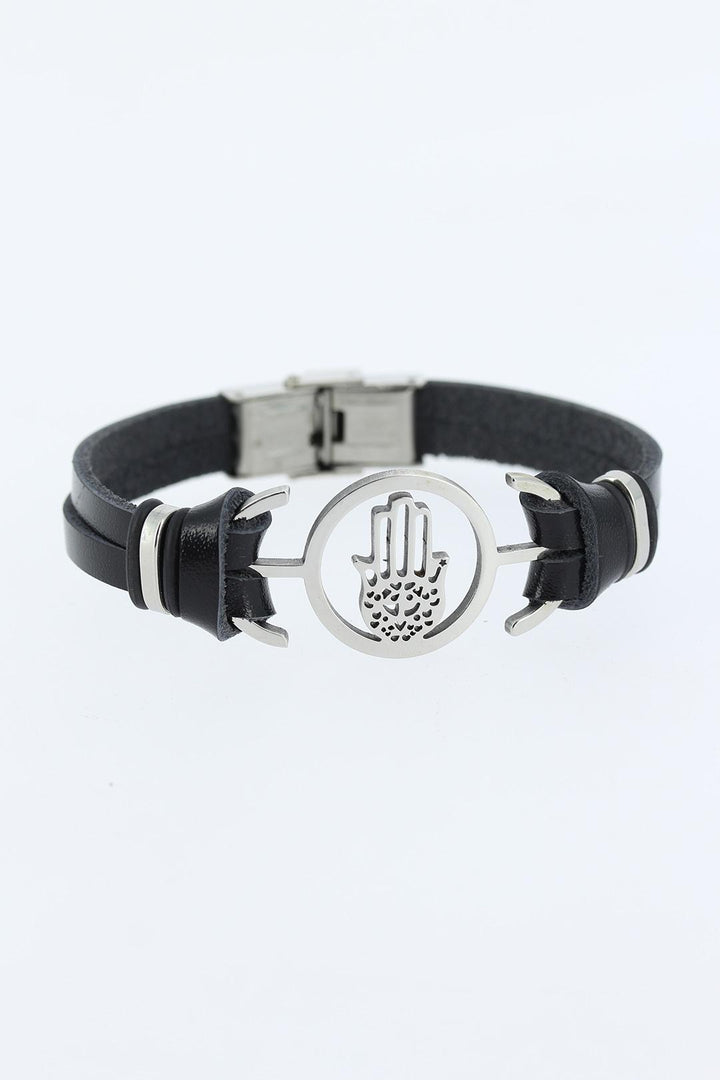 EBJ Black Leather Men's Bracelet with Silver Color Fatma Hand Figure Metal Accessory - Alchevsk