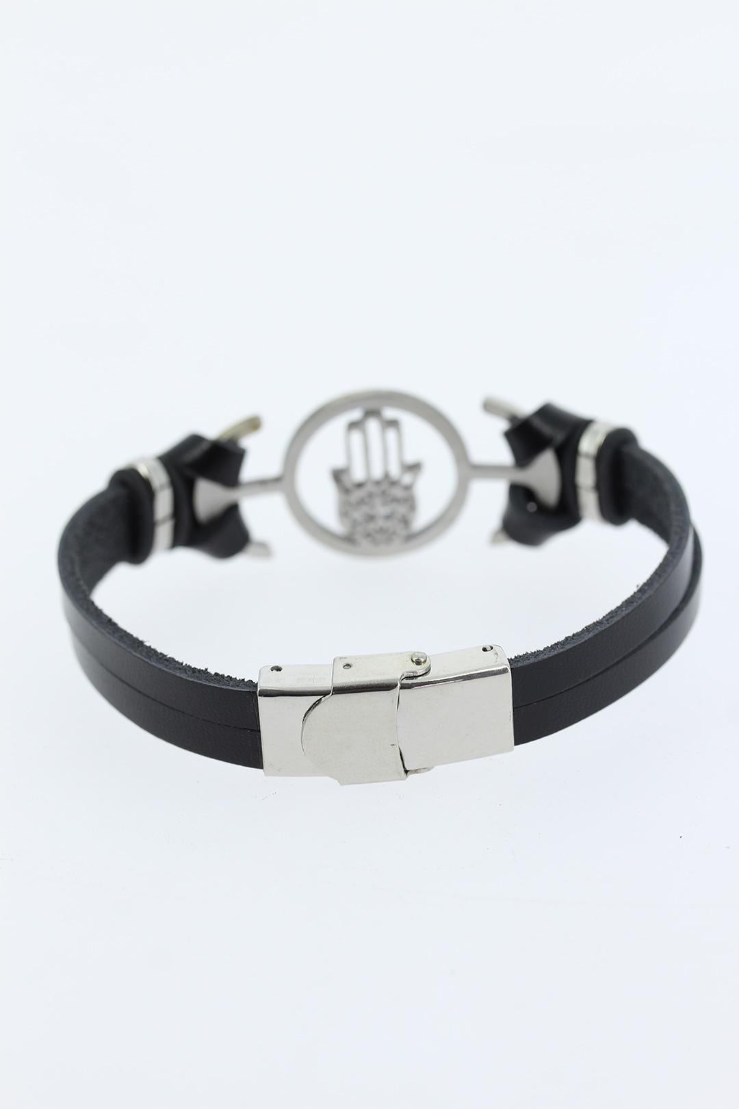 EBJ Black Leather Men's Bracelet with Silver Color Fatma Hand Figure Metal Accessory - Alchevsk