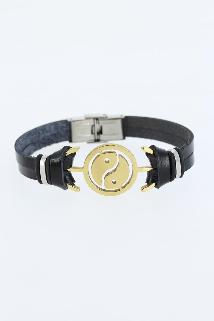 EBJ Black Leather Men's Bracelet with Gold Color Yin Yang Figure Metal Accessory - Escondido