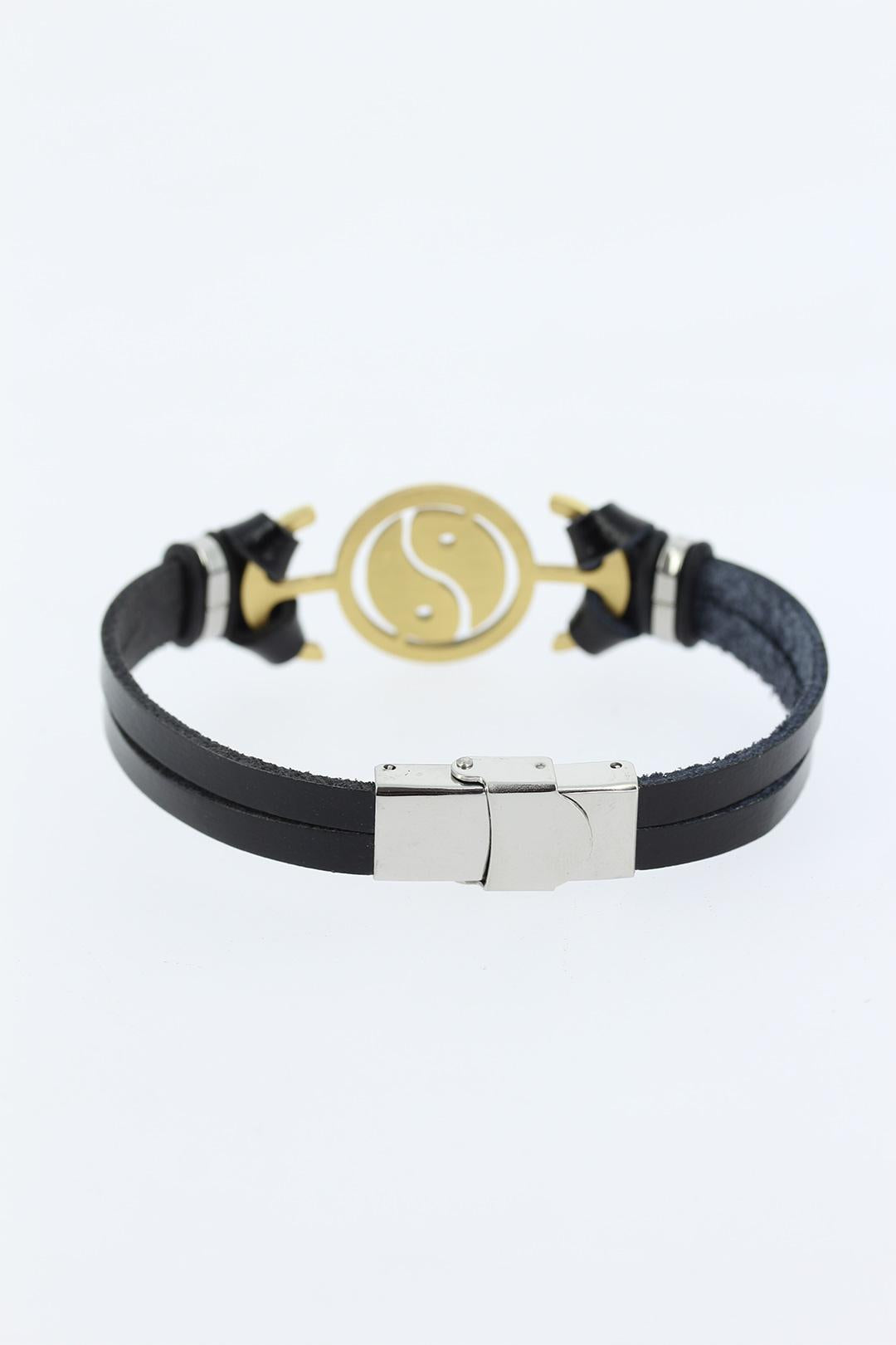 EBJ Black Leather Men's Bracelet with Gold Color Yin Yang Figure Metal Accessory - Escondido