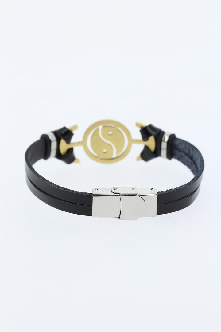 EBJ Black Leather Men's Bracelet with Gold Color Yin Yang Figure Metal Accessory - Escondido