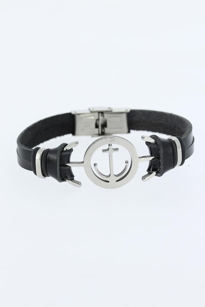 EBJ Black Leather Men's Bracelet with Silver Color Ocean Cap Figure Metal Accessory - Collierville