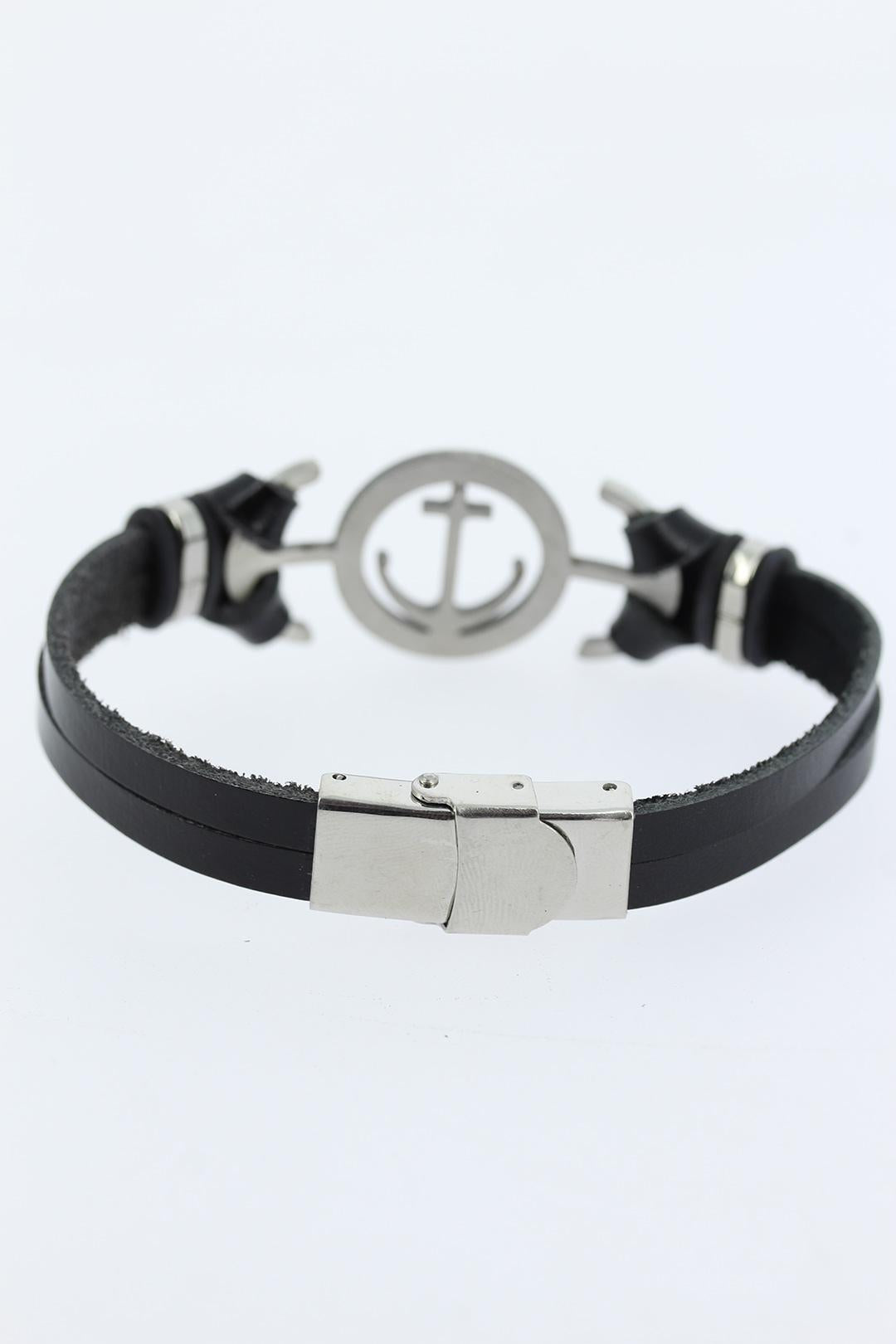 EBJ Black Leather Men's Bracelet with Silver Color Ocean Cap Figure Metal Accessory - Collierville