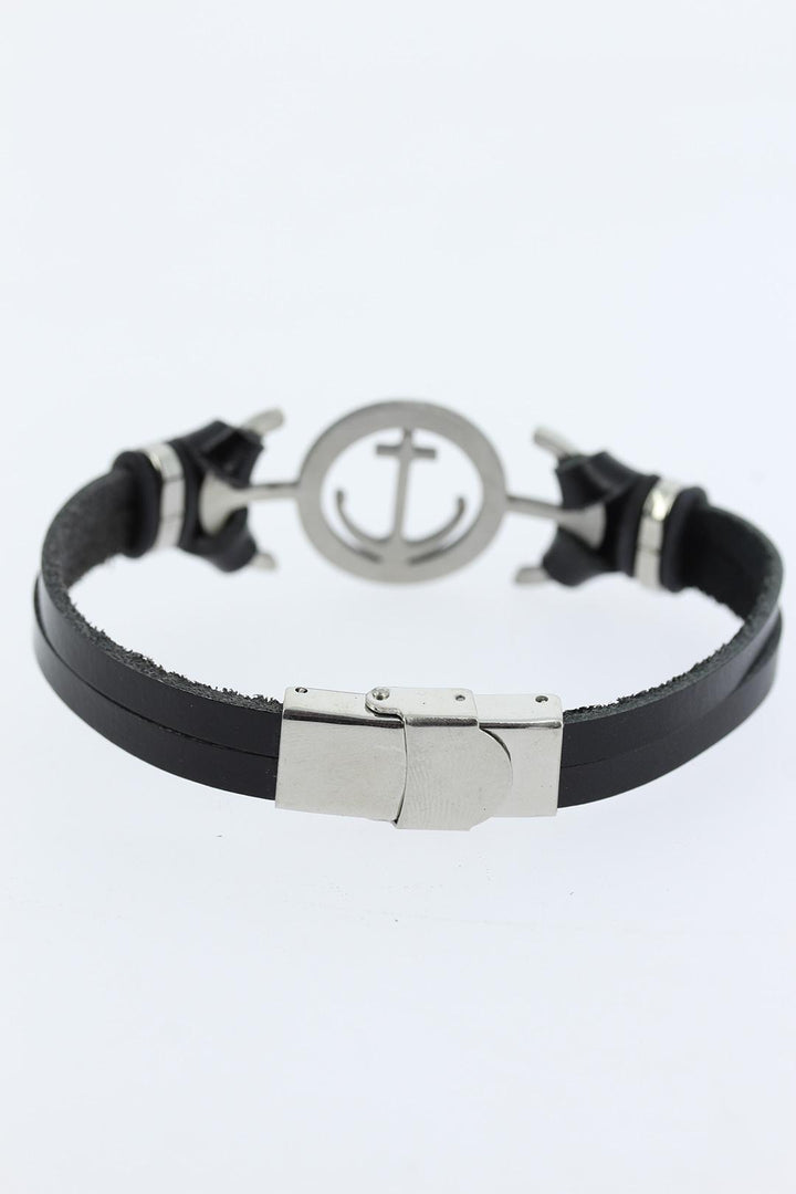 EBJ Black Leather Men's Bracelet with Silver Color Ocean Cap Figure Metal Accessory - Collierville