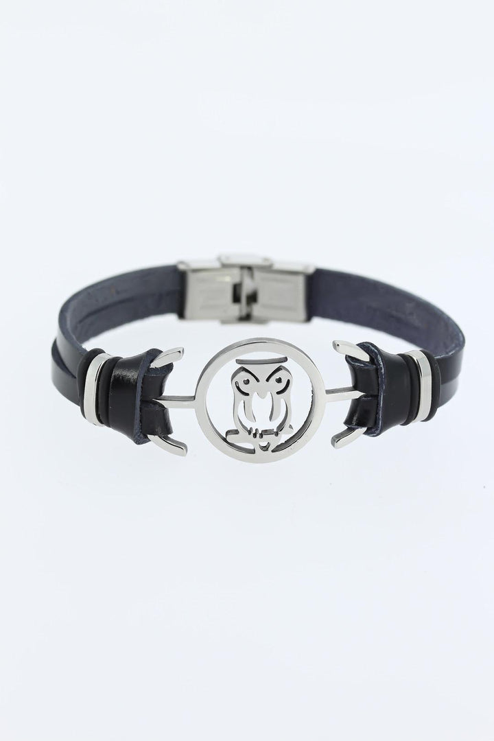 EBJ Black Leather Men's Bracelet with Silver Color Owl Figurine Metal Accessories - Saint-Herblain