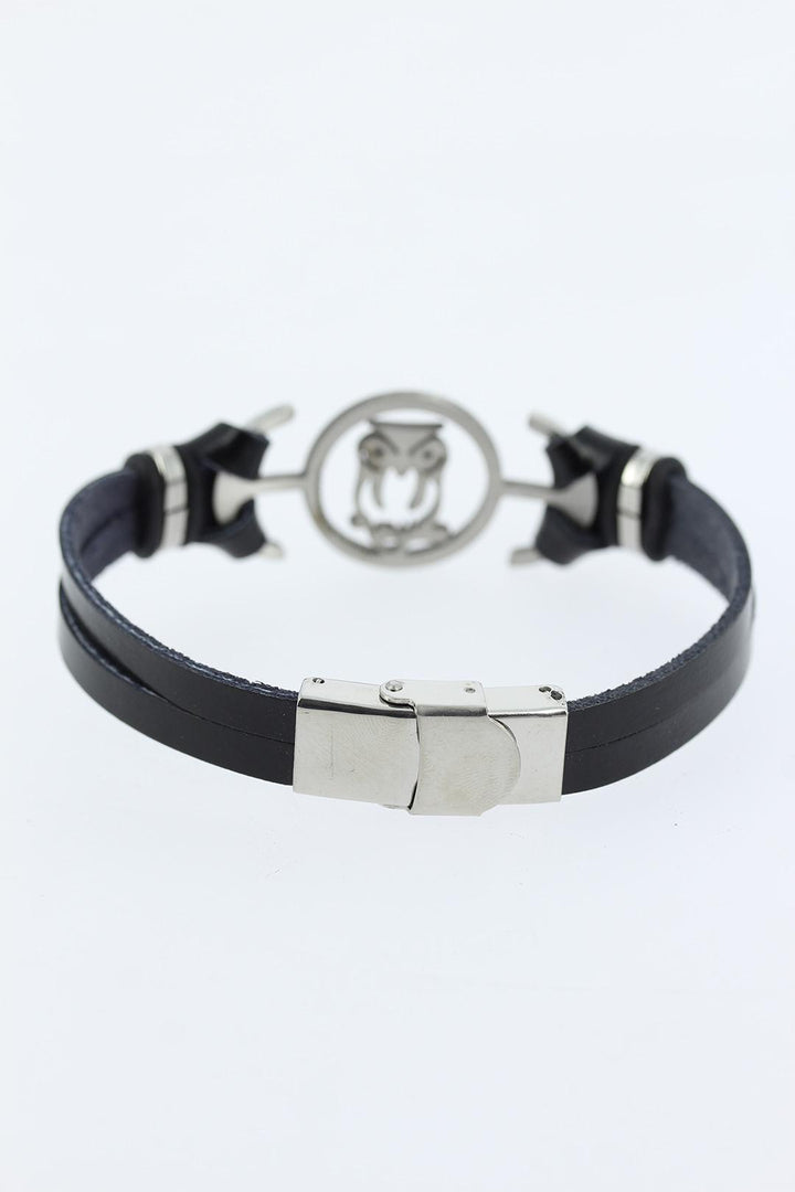 EBJ Black Leather Men's Bracelet with Silver Color Owl Figurine Metal Accessories - Saint-Herblain