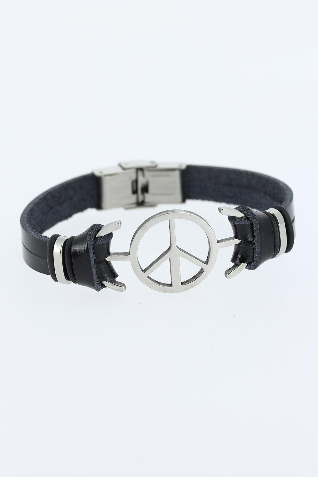 EBJ Black Leather Men's Bracelet with Silver Color Peace Figure Metal Accessory - Penafiel