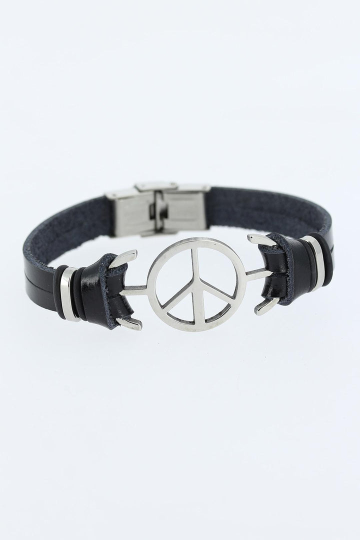 EBJ Black Leather Men's Bracelet with Silver Color Peace Figure Metal Accessory - Penafiel