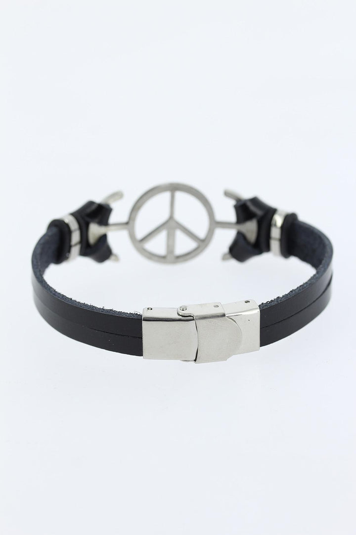 EBJ Black Leather Men's Bracelet with Silver Color Peace Figure Metal Accessory - Penafiel