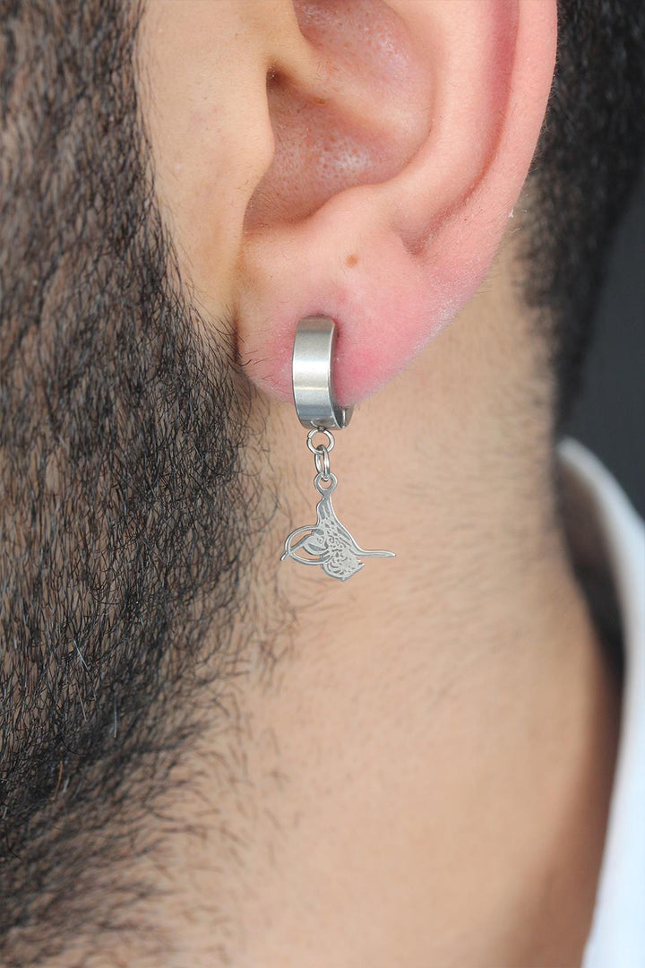 EBJ Silver Color Coating Ottoman Tughra Figured Clamped Steel Men's Earring - Dilbeek