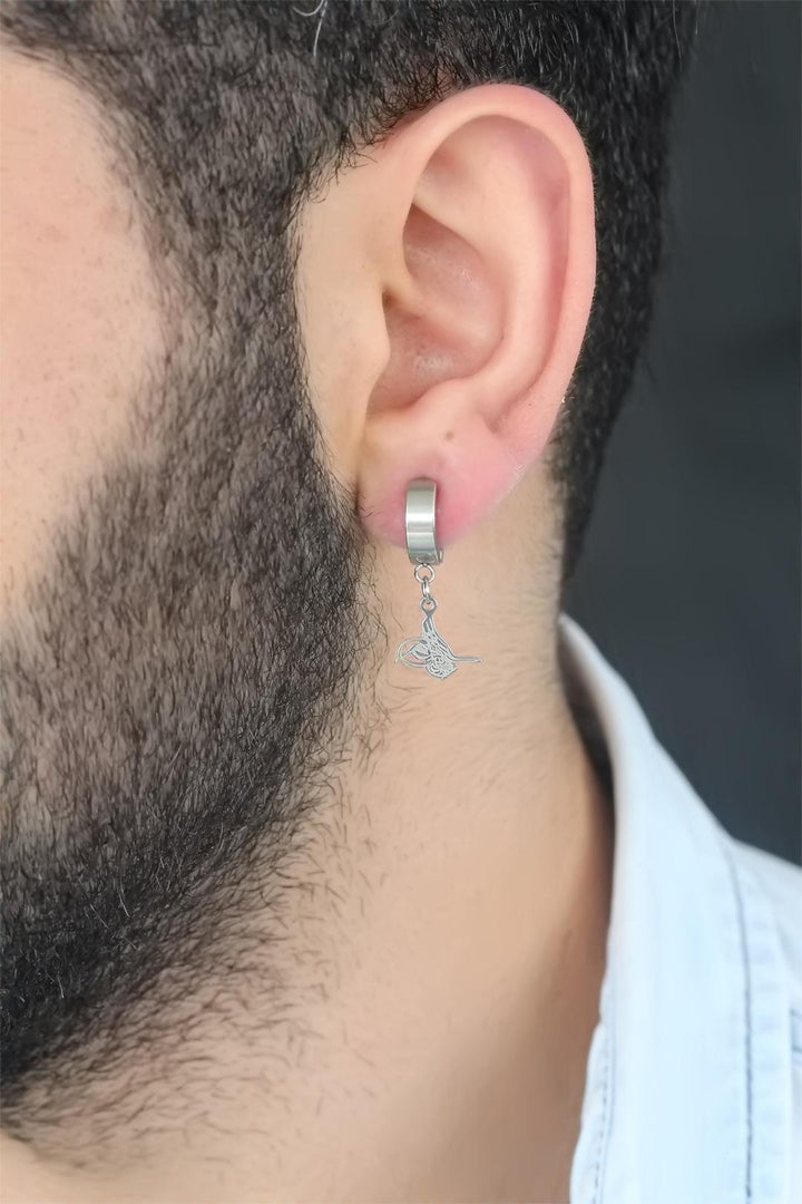 EBJ Silver Color Coating Ottoman Tughra Figured Clamped Steel Men's Earring - Dilbeek