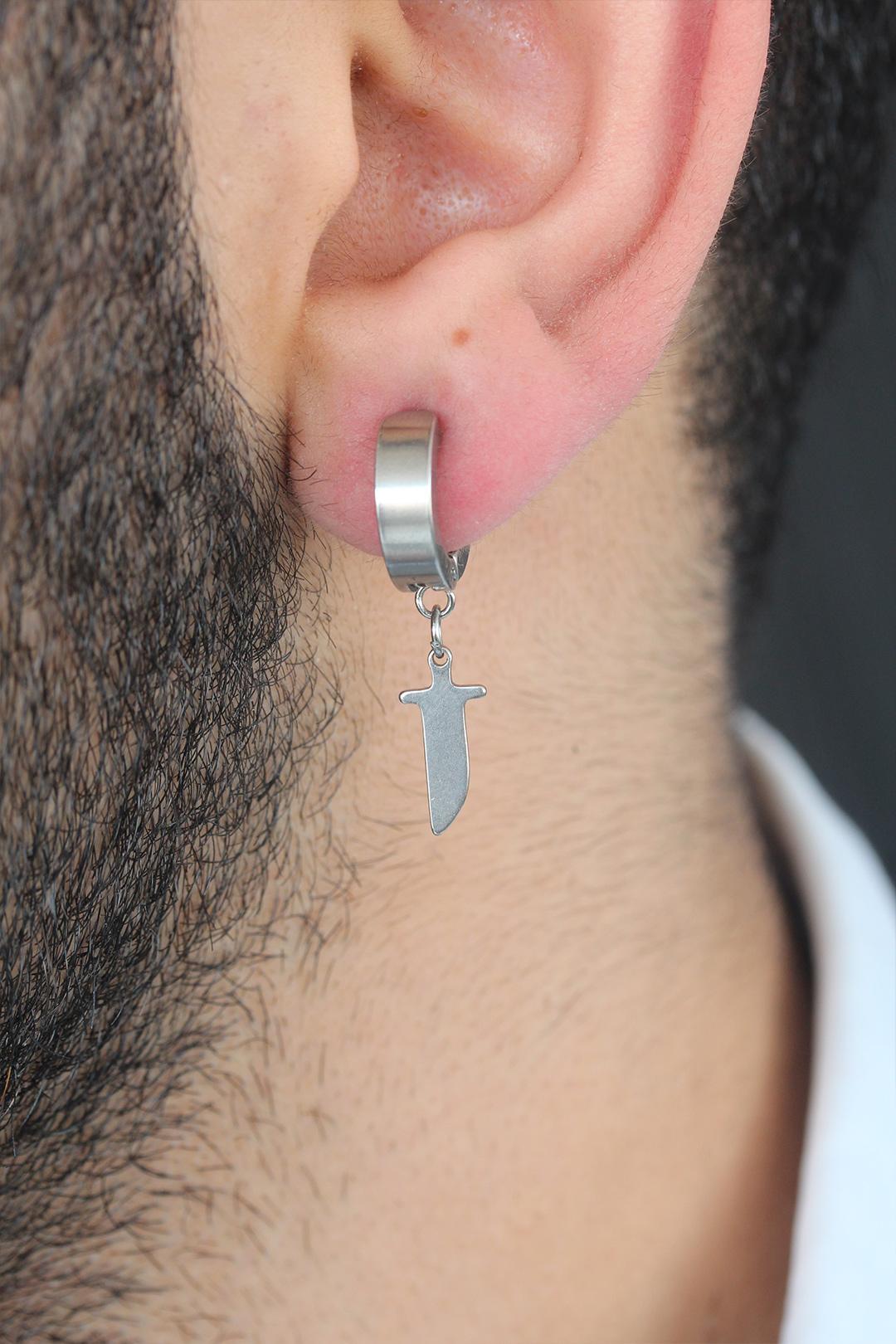 EBJ Silver Color Coated Sword Figure Steel Clip-On Men's Earring - Alcalá de Henares