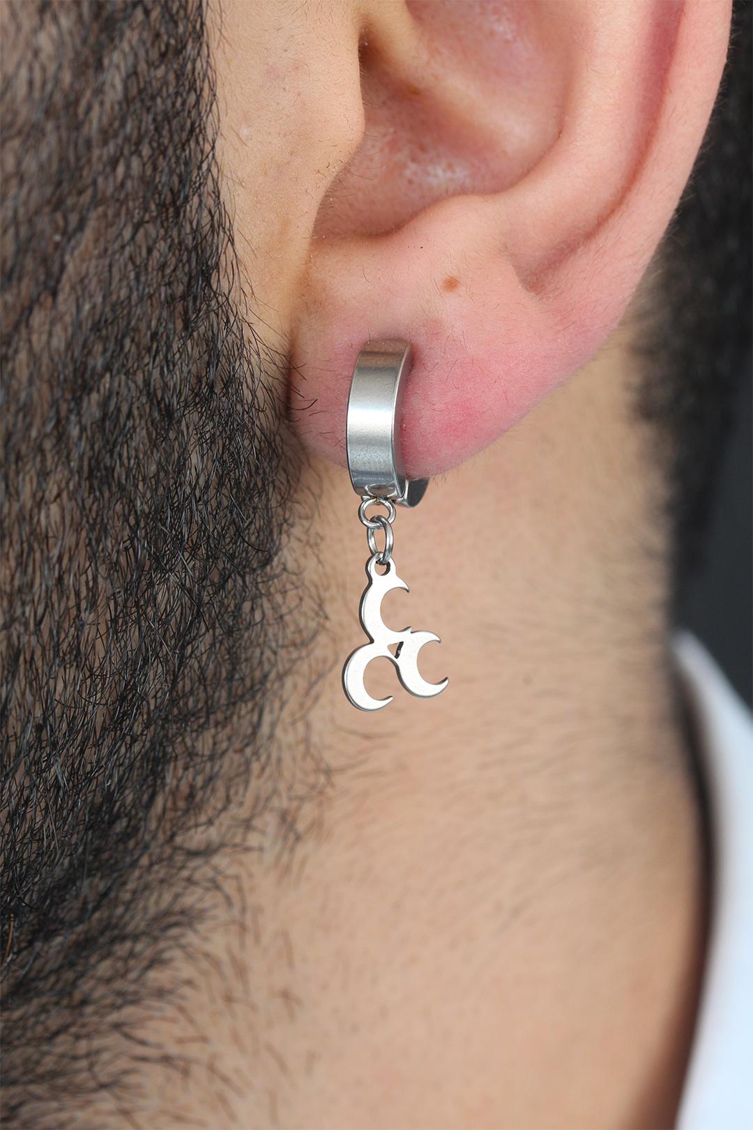 EBJ Steel Clamp Earring for Men with Silver Color Coating and 3 Crescent Moon Figures - Kingswood