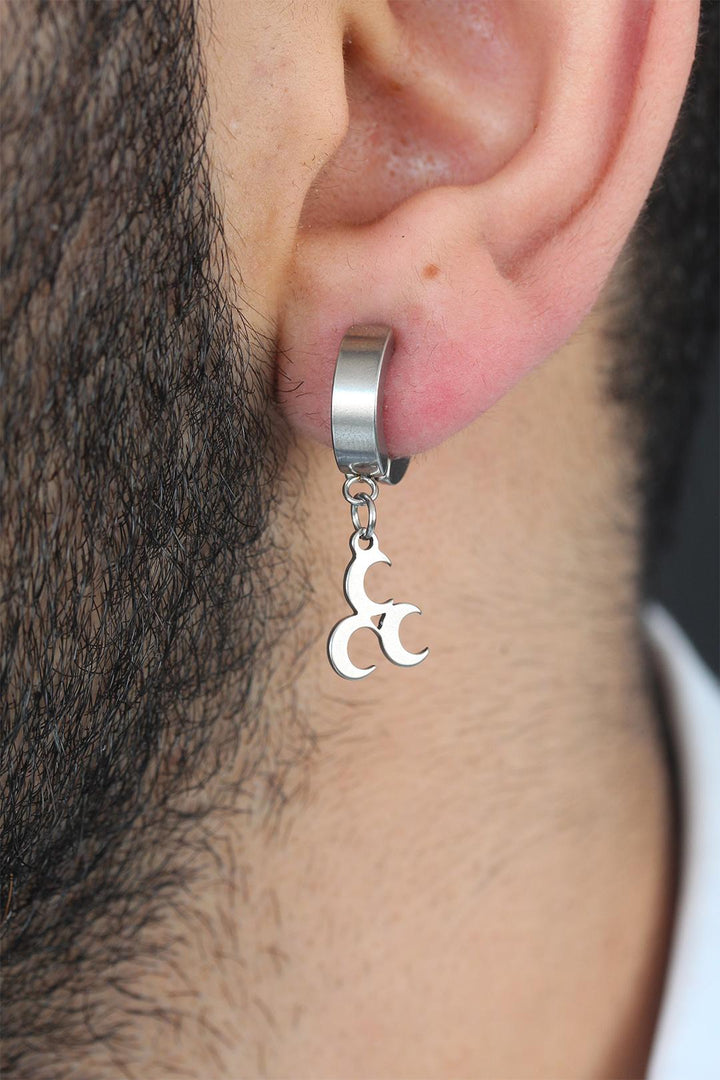 EBJ Steel Clamp Earring for Men with Silver Color Coating and 3 Crescent Moon Figures - Kingswood