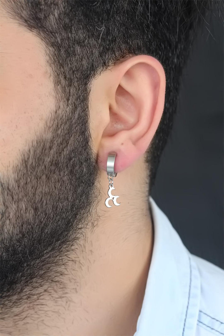 EBJ Steel Clamp Earring for Men with Silver Color Coating and 3 Crescent Moon Figures - Kingswood