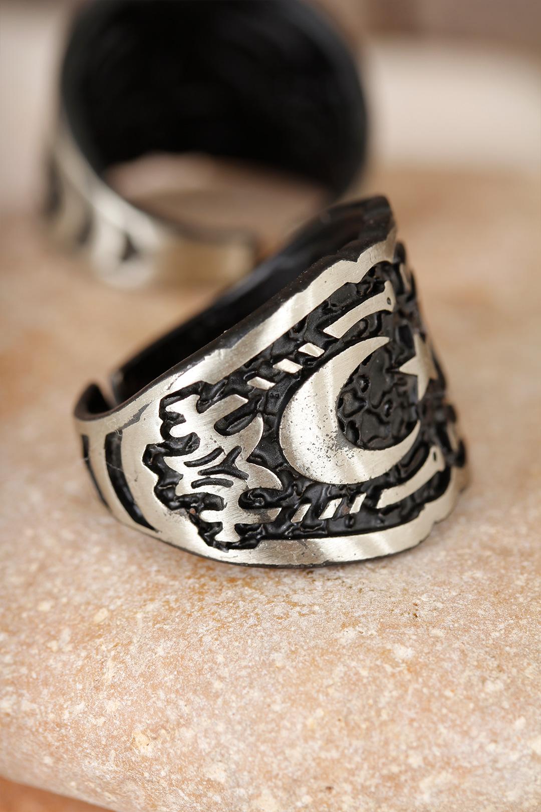 EBJ Double Crescent Figured Square Smoky Gray Color Adjustable Men's Ring - Clovis