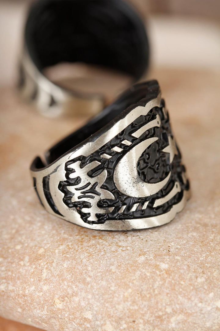 EBJ Double Crescent Figured Square Smoky Gray Color Adjustable Men's Ring - Clovis