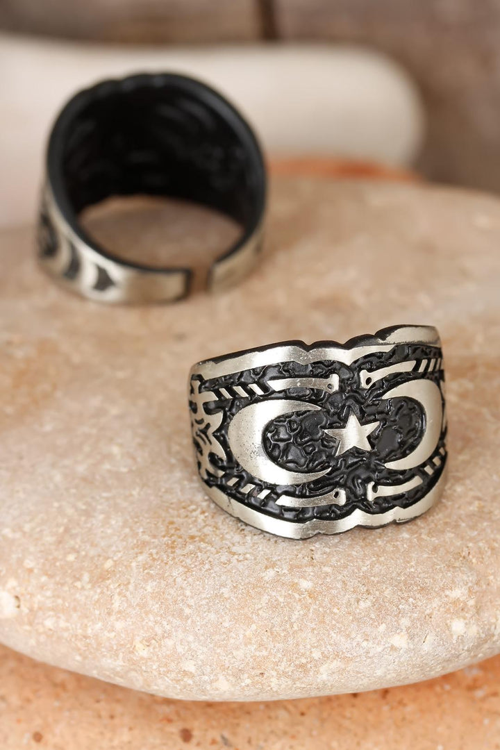 EBJ Double Crescent Figured Square Smoky Gray Color Adjustable Men's Ring - Clovis