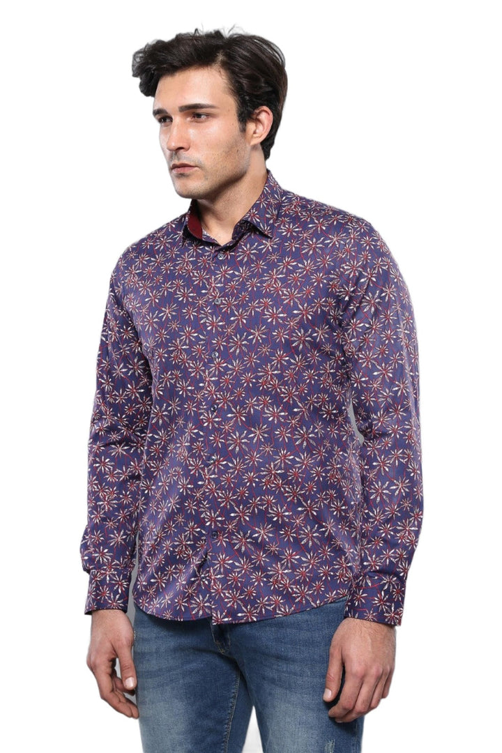 WSS Flower Patterned Long Sleeves Navy Blue Men Shirt   - Rockwall