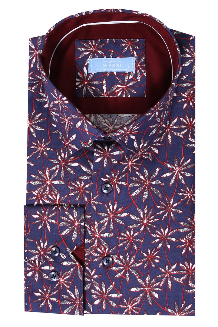 WSS Flower Patterned Long Sleeves Navy Blue Men Shirt   - Rockwall