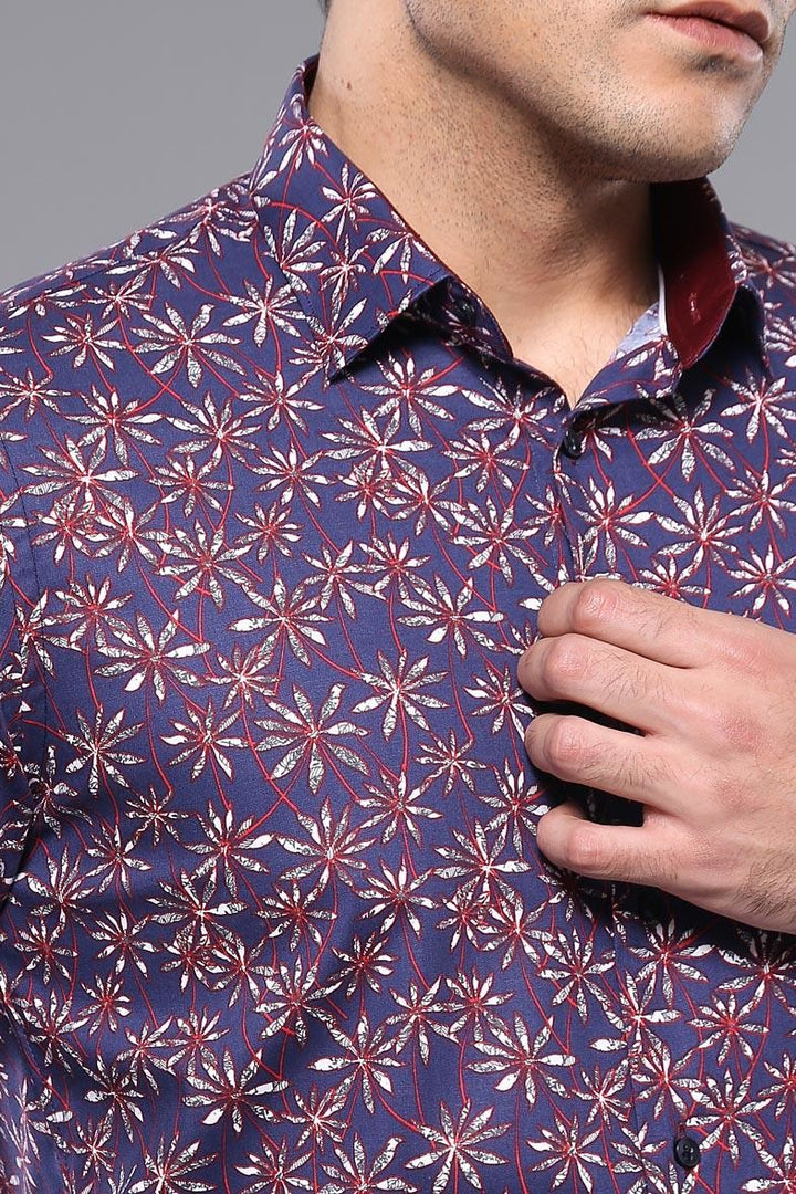 WSS Flower Patterned Long Sleeves Navy Blue Men Shirt   - Rockwall