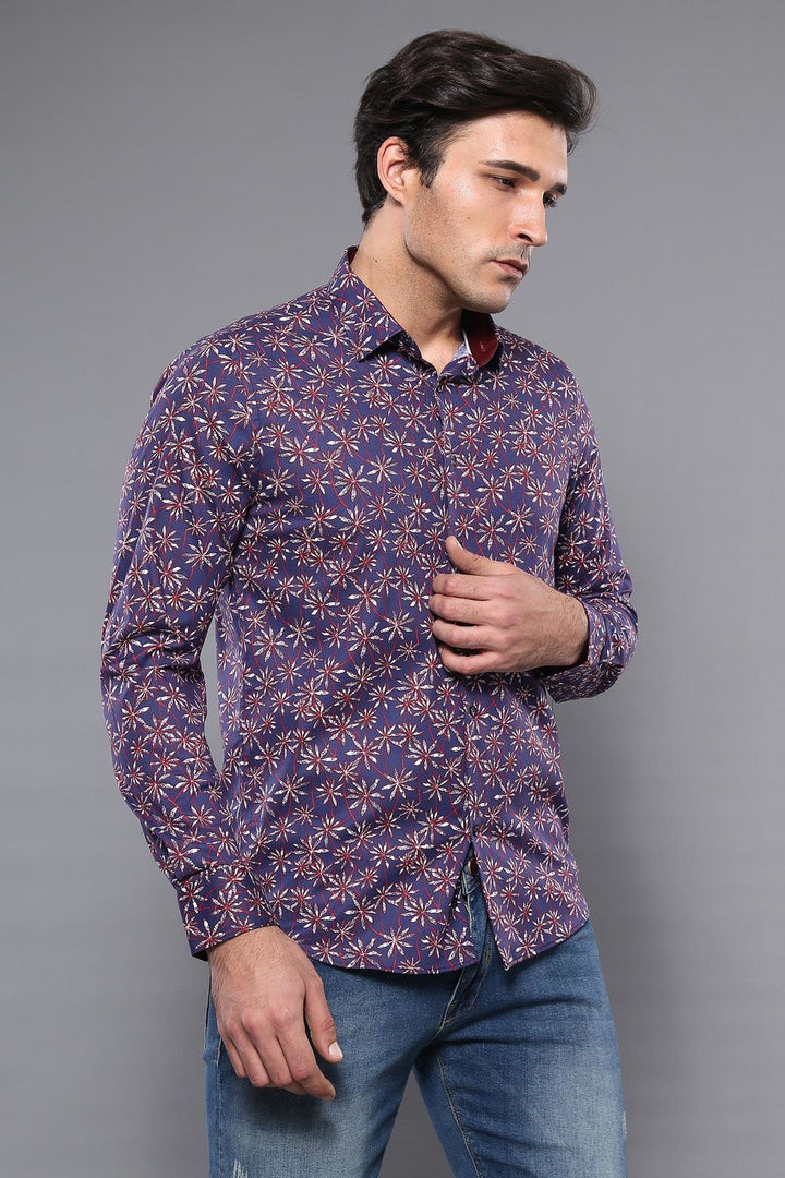 WSS Flower Patterned Long Sleeves Navy Blue Men Shirt   - Rockwall