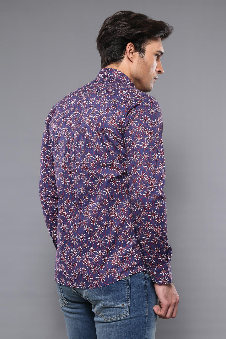 WSS Flower Patterned Long Sleeves Navy Blue Men Shirt   - Rockwall