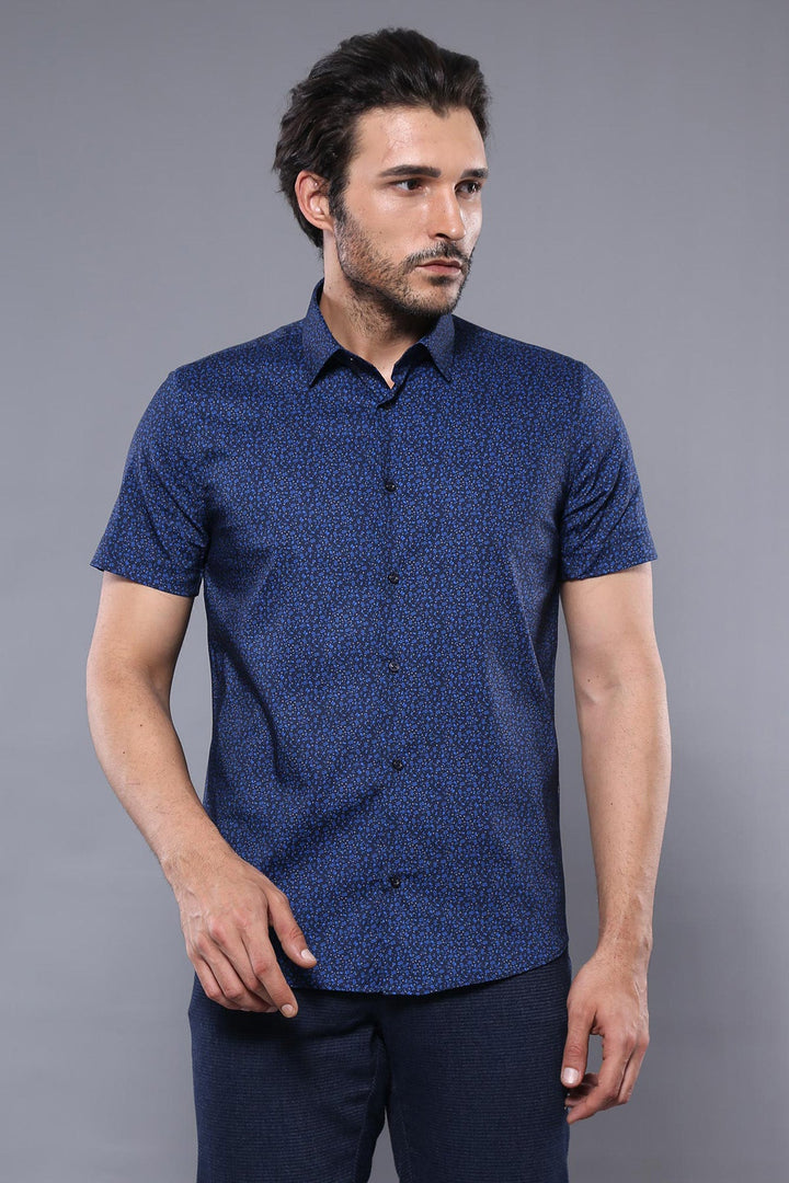WSS Patterned Short Sleeves Navy Blue Men Shirt  - Highlands Ranch