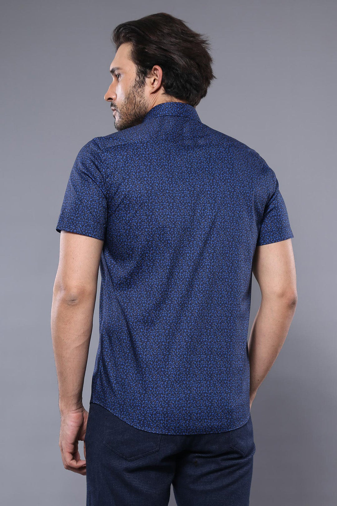 WSS Patterned Short Sleeves Navy Blue Men Shirt  - Highlands Ranch