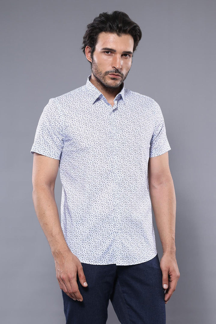 WSS Blue Floral Patterned Short Sleeve White Men Shirt  - Creil