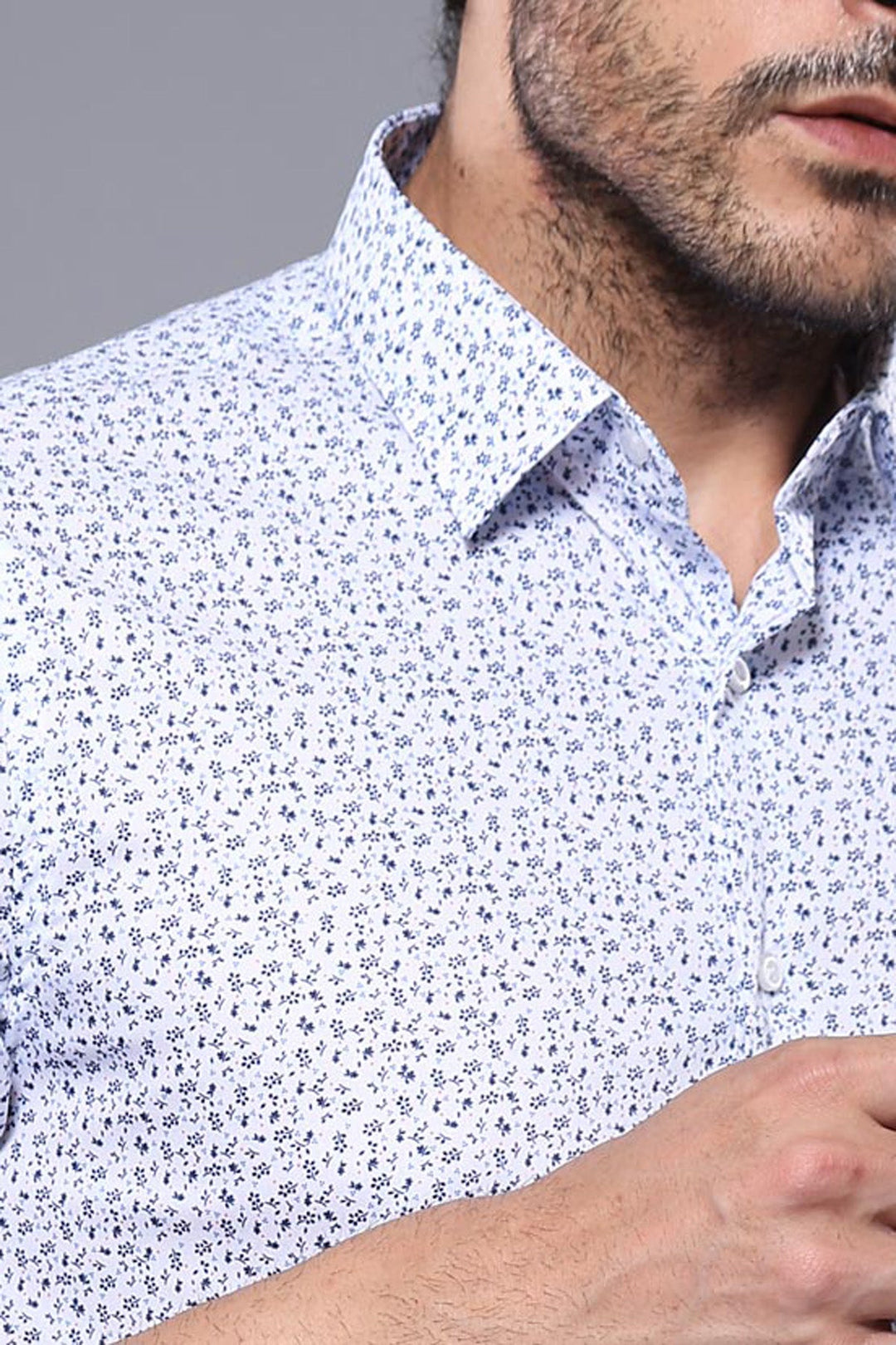 WSS Blue Floral Patterned Short Sleeve White Men Shirt  - Creil