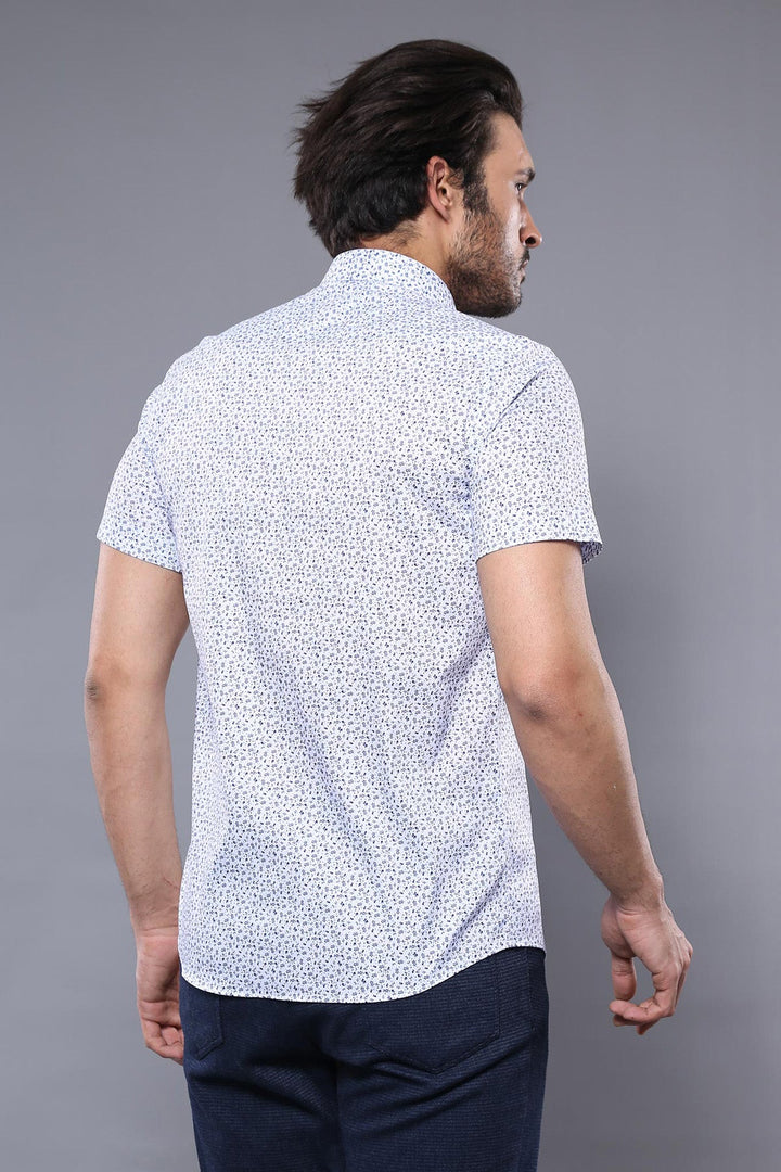 WSS Blue Floral Patterned Short Sleeve White Men Shirt  - Creil