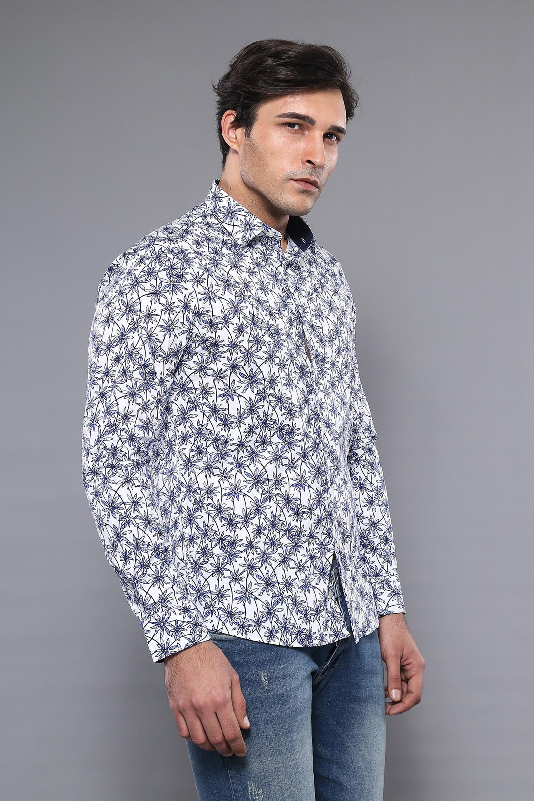 WSS Blue Floral Patterned Long Sleeve White Men Shirt  - Minatitlán