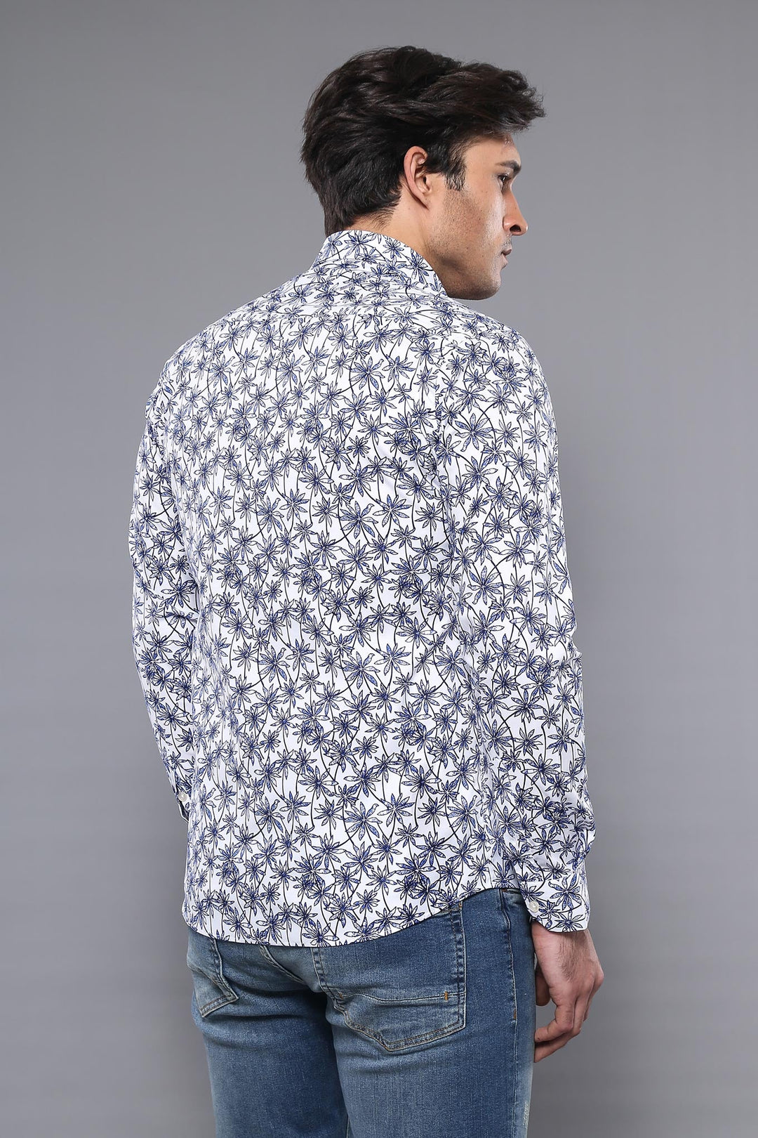 WSS Blue Floral Patterned Long Sleeve White Men Shirt  - Minatitlán