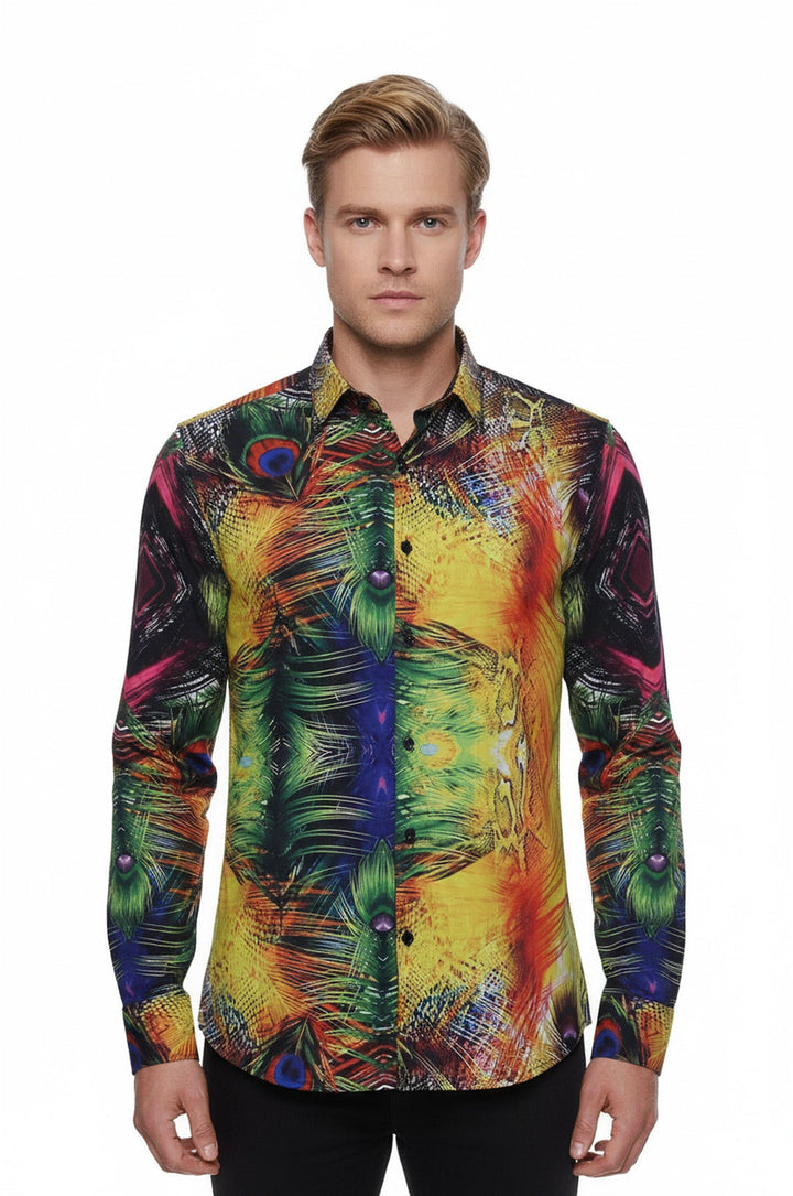 WSS Peacock Pattern Long Sleeves Multicolor Men Shirt  - Saronno