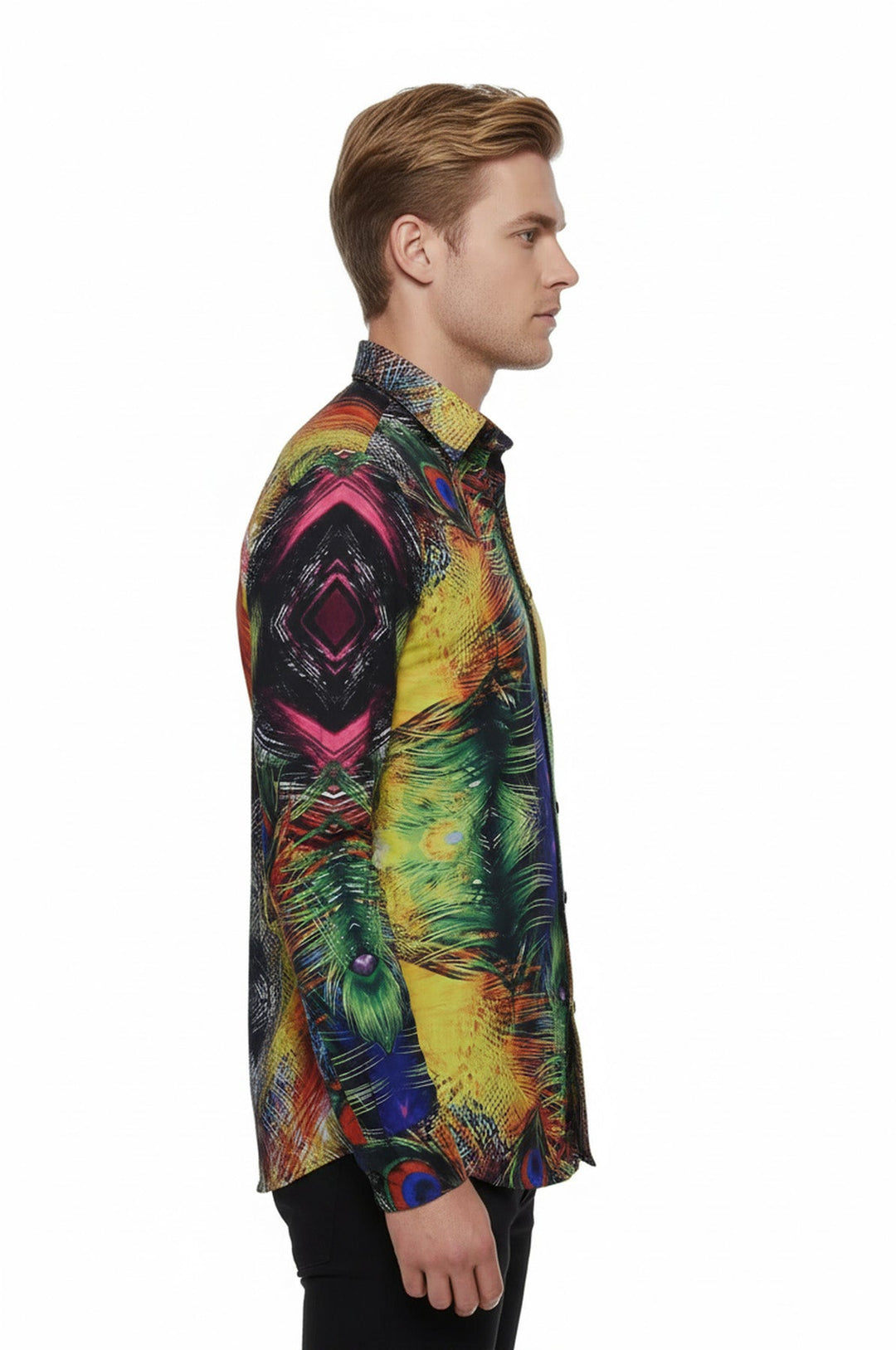 WSS Peacock Pattern Long Sleeves Multicolor Men Shirt  - Saronno